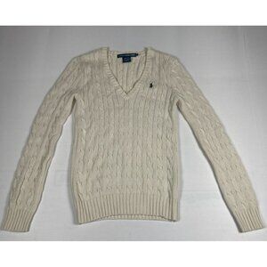 Ralph Lauren Sport Women Medium Cream Cable Knit V-Neck Sweater Cotton
